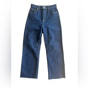 Zara High Waisted Raw Hem Wide Leg Dark Wash Jean